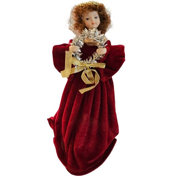 Vintage Christmas Tree Topper Angel Red Velvet Porcelain - Picture 1 of 5